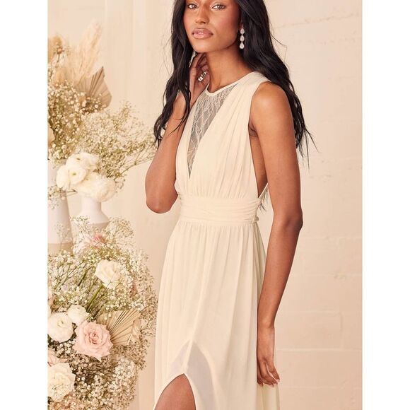 Lulus Dreamy Devotion Gardenia Lace Chiffon Beige Sleeveless Maxi Dress Small - Picture 3 of 12